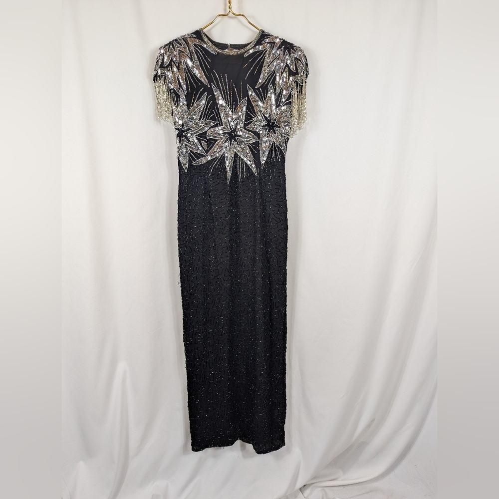 Laurence Kazar Black 100% Silk Beaded Sequin Star Maxi Dress Keyhole Back Sz S